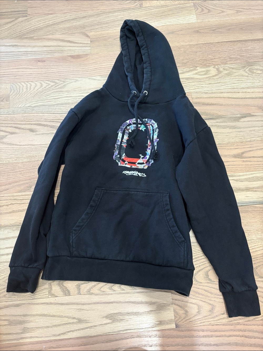 Overtime Black Pullover Hoodie with Multicolor Graphic